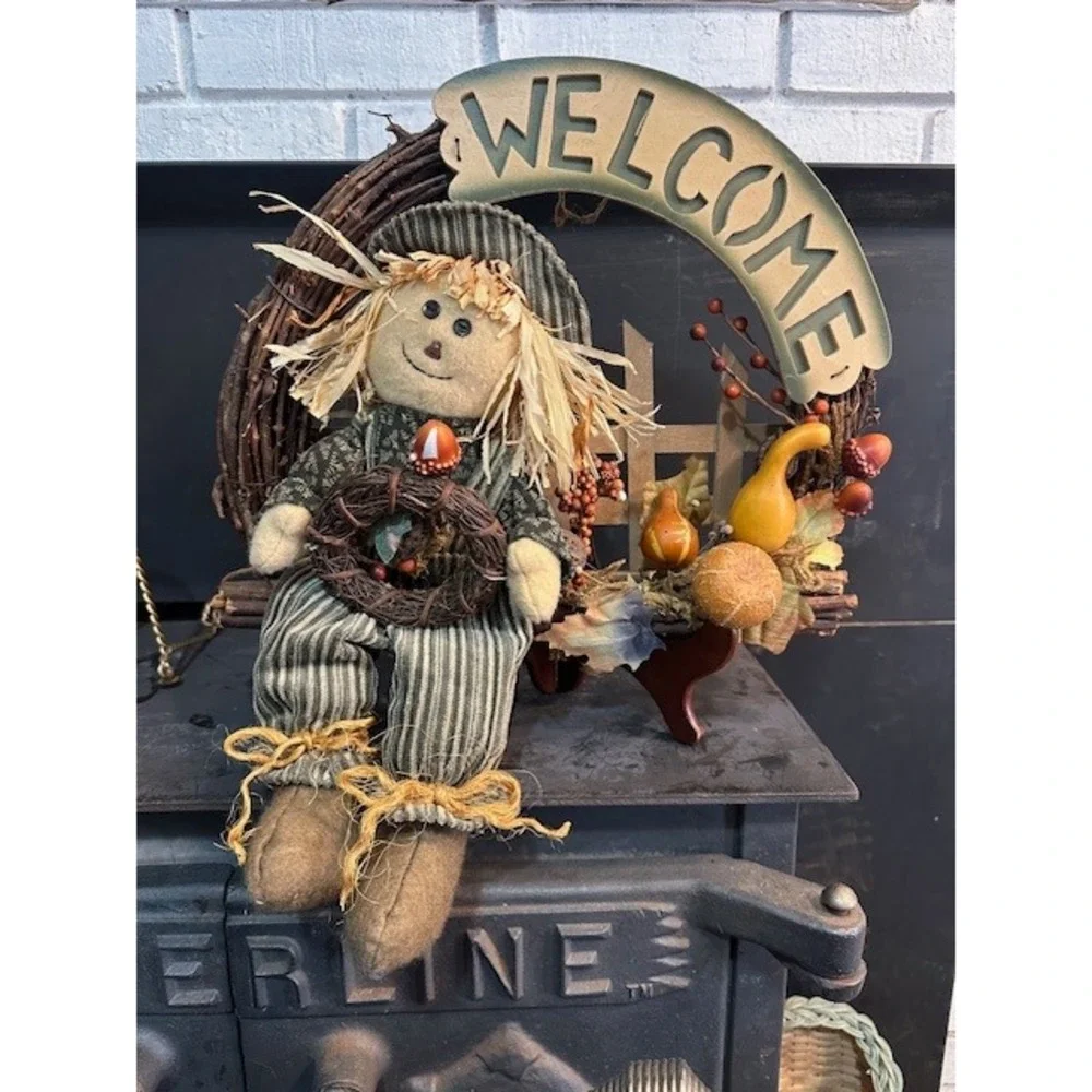 Dan Dee Scarecrow Welcome Wreath Fall Harvest Grapevine Door Decor‎ Rustic 16in